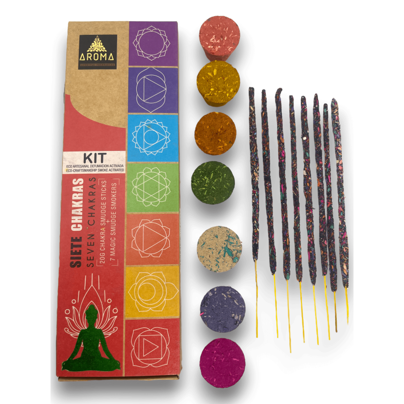 Kit Sept Chakras AROMA 7 Chakras - Bâtons d'Encens et 7 Ampoules Désodorisantes Activées Eco Artisanal-Kit d'encens parfums AROMA-HOSTENATURA