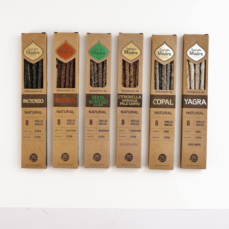 Pack 6 Incienso Natural, Mira, Rue, Romeu, Laranxa, Palo Santo, Copal e Yagra Sagrada Madre-SAGRADA MADRE INCENSO NATURAL-HOSTENATURA