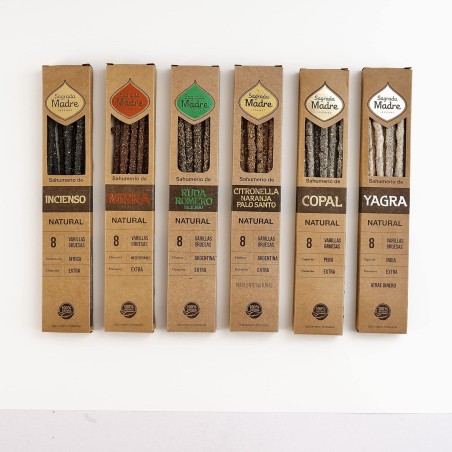 Pack 6 Inciensos Naturales Incienso, Mira, Ruda, Romero, Naranja, Palo Santo, Copal y Yagra Sagrada Madre