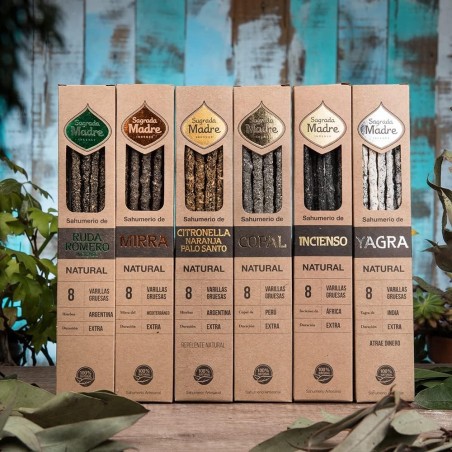 Pack 6 Inciensos Naturales Incienso, Mira, Ruda, Romero, Naranja, Palo Santo, Copal y Yagra Sagrada Madre