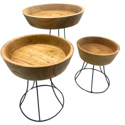 Set of Three Elevated Teak Wood Bowls