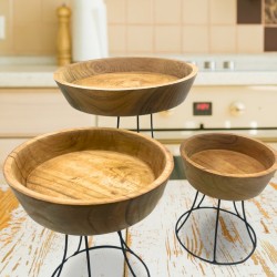 Set of Three Elevated Teak Wood Bowls