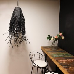 Doum Black Hanging Wicker Lamp Braided in Suspension - 20x15cm