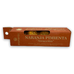 Esferas de Pimenta Laranja Mágica Atração AROMANZA - Iluminarte Argentina - 4 lâmpadas de defumação de Nerolí, pétalas e madeira