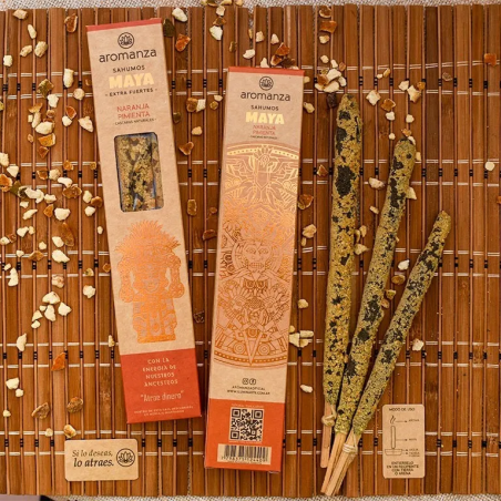 Sahumos Maya Naranja Pimienta Atracción Aromanza Inciensos - Iluminarte Argentina - 3 barritas extra Grandes / Fuertes