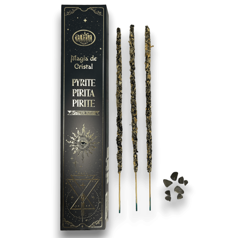 Aum Fragrances Crystal Magic Pyrite Incense - Incienso cunha caixa de cristais de Pirita - 20gr.-Incienso máxico de cristal Aum Fragrances-HOSTENATURA