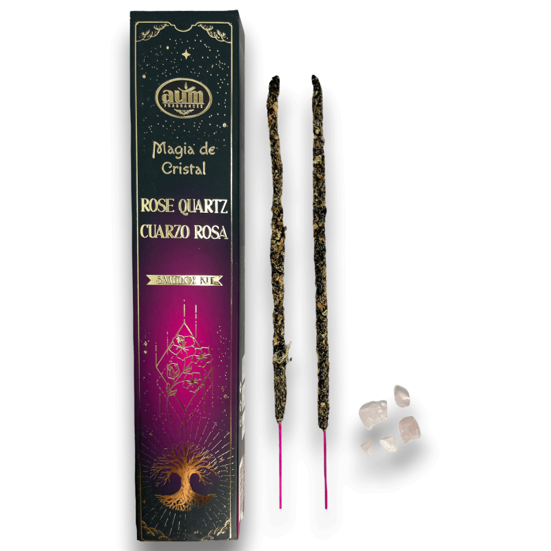 Aum Fragrances Crystal Magic Rose Quartz Incense - Incienso cunha caixa de cristais de Rose Quartz - 20gr.-Incienso máxico de cristal Aum Fragrances-HOSTENATURA