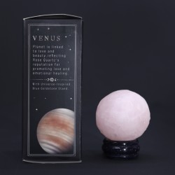 Planeta Venus de cuarzo rosa sobre pedra solar dourada 40 mm - Amor, Beleza, Arte e Abundancia