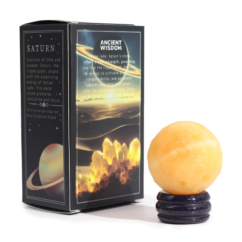 Gelbe Jade Saturn Planet auf goldenem Sonnenstein 40mm - Geduld, Fokus und Disziplin-Edelsteinplaneten-HOSTENATURA