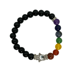 Bracciale Ossidiana con 7 Chakra e Mano di Fatima 8mm - HOSTENATURA - Energetico, Antidepressivo, Pulisce dai Traumi e dal Passa