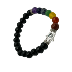 Bracciale Ossidiana con 7 Chakra e Mano di Fatima 8mm - HOSTENATURA - Energetico, Antidepressivo, Pulisce dai Traumi e dal Passa