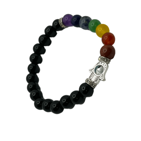 Brățară obsidiană cu 7 chakre și mâna Fatimei 8mm - HOSTENATURA - Energetică, Antidepresivă, Curăță Traumele și Trecutul