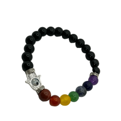 Bracciale Ossidiana con 7 Chakra e Mano di Fatima 8mm - HOSTENATURA - Energetico, Antidepressivo, Pulisce dai Traumi e dal Passa