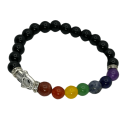 Bracciale Ossidiana con 7 Chakra e Mano di Fatima 8mm - HOSTENATURA - Energetico, Antidepressivo, Pulisce dai Traumi e dal Passa