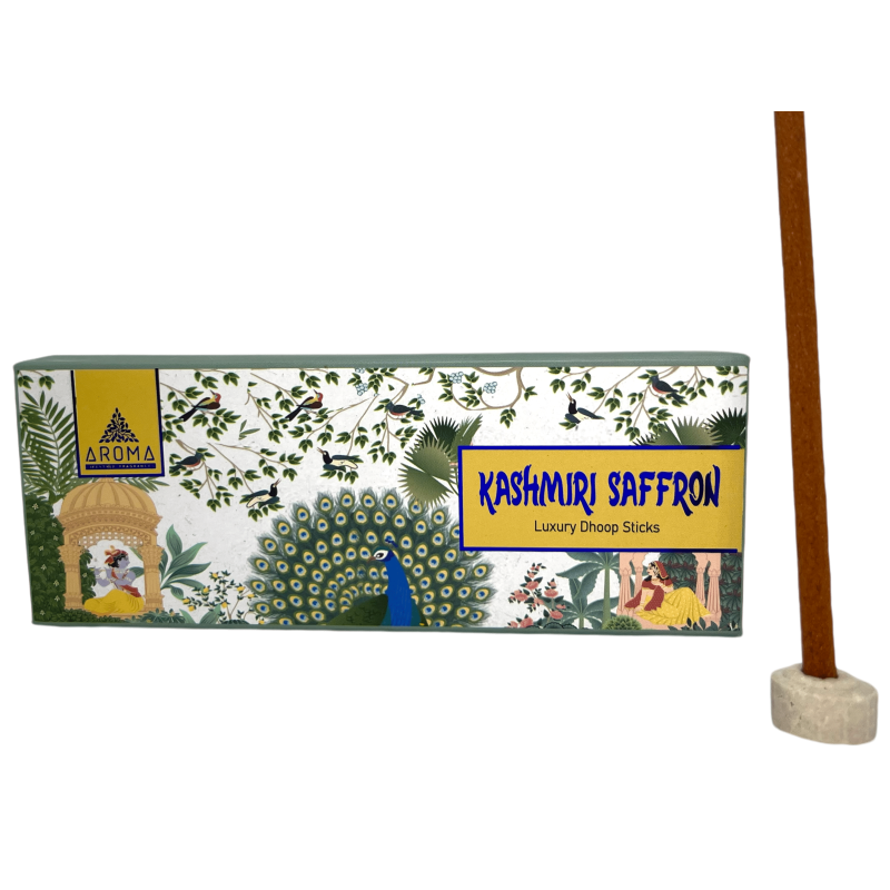 Açafrão Dhoop Incenso AROMA Fragrâncias Kashmiri Açafrão Luxo Dhoop Sticks - Incenso Tibetano 15 palitos em caixa de presente-Incenso Dhoop - Fragrâncias aromáticas luxuosas em palitos Dhoop-HOSTENATURA