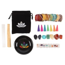 Kit 7 Chakra Benessere Salute e Benessere Minerali, Coni, Bruciatore, Legatura a Base di Erbe, Palo Santo, Selenite e Selenite C