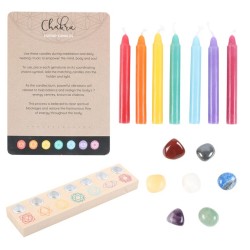 Kit de Vela e Mineral 7 Chakras - 7 Velas, 7 Minerais e 1 Castiçal de Madeira Spirit of Equinox