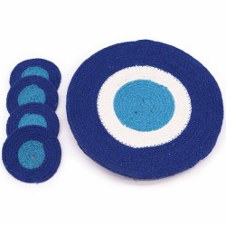 Juego de Posavasos y Manteles Individuales de Yute Algodón Ojo de Protección - Ojo Turco - 4 Posavasos y 4 manteles individuales