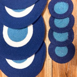 Set of Jute Cotton Coasters and Placemats Eye of Protection - Turkish Eye - 4 Coasters and 4 placemats