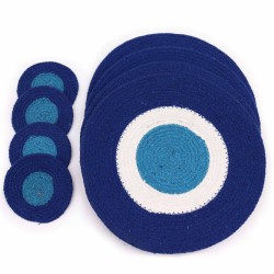 Juego de Posavasos y Manteles Individuales de Yute Algodón Ojo de Protección - Ojo Turco - 4 Posavasos y 4 manteles individuales