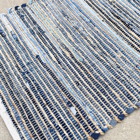 Alfombra Pequeña 50x90 Tonos Azules - Algodón y Yute Reciclado - Hecho a mano en India