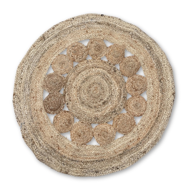 Round Jute Rug with Circles inside 90cm - Handmade in India-JUTE AND RECYCLED COTTON CARPETS-HOSTENATURA