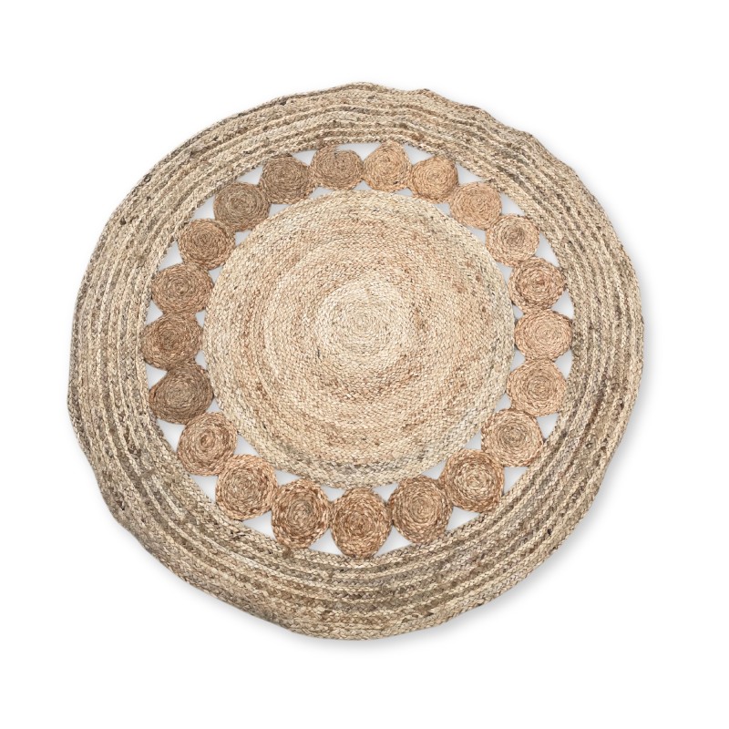 Round Jute Rug with Circles inside 120cm - Handmade in India-JUTE AND RECYCLED COTTON CARPETS-HOSTENATURA