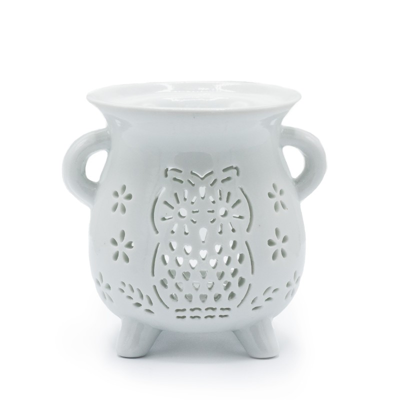 White Owl Ceramic Oil Burner Cauldron - 9.5x10x8cm-BASIC OIL BURNERS-HOSTENATURA