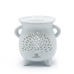 Tree of Life White Ceramic Cauldron Oil Burner - 9.5x10x8cm