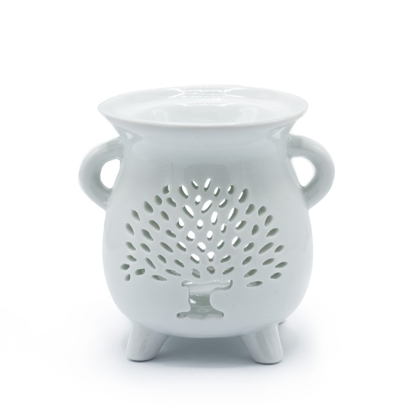 Tree of Life White Ceramic Cauldron Oil Burner - 9.5x10x8cm-CLASSIC WHITE OIL BURNERS-HOSTENATURA