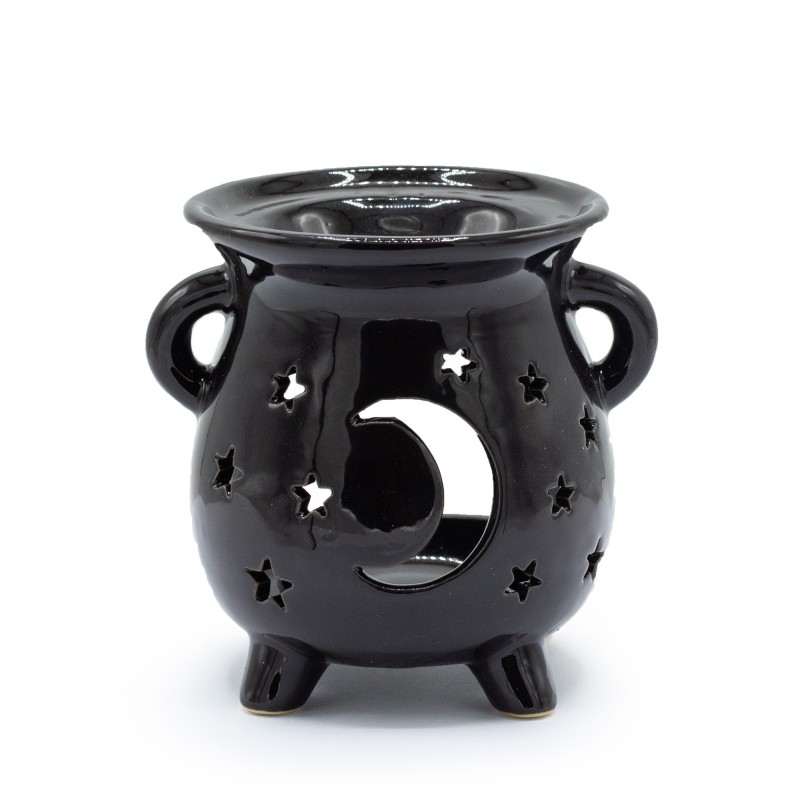 Moon and Stars Black Ceramic Oil Burner Cauldron - 9.5x10x8cm-CLASSIC WHITE OIL BURNERS-HOSTENATURA