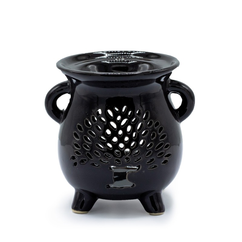 Tree of Life Black Ceramic Cauldron Oil Burner - 9.5x10x8cm-CLASSIC WHITE OIL BURNERS-HOSTENATURA