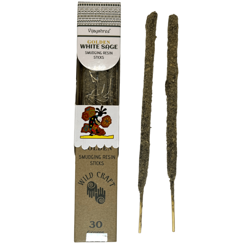 Incienso Salvia Blanca Golden Vijayshree Wild Craft White Sage Varillas artesanales de alta calidad - 30 gramos.-Incienso Golden Wild Craft Vijayshree Artesanía Salvaje-HOSTENATURA