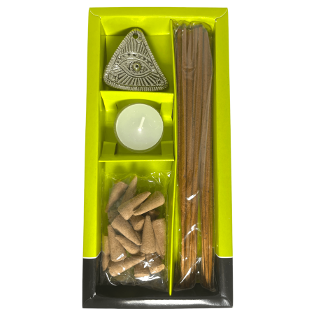 Kit Incenso Happiness Bergamotto e Citronella Spirit Eye - Include 30 bastoncini di incenso, 20 coni, 1 portaincenso e 1 candela
