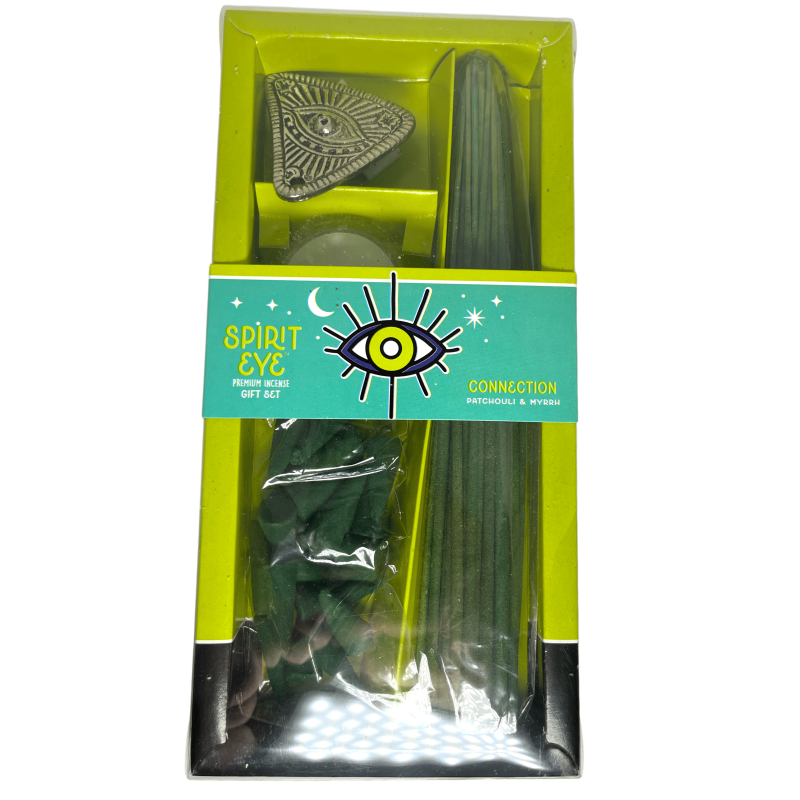 Kit Incienso Connexió Pachulí i Mirra Spirit Eye - Inclou 30 varetes incens, 20 cons, 1 porta incís i 1 vela de te-Incienso Spirit Eye-HOSTENATURA