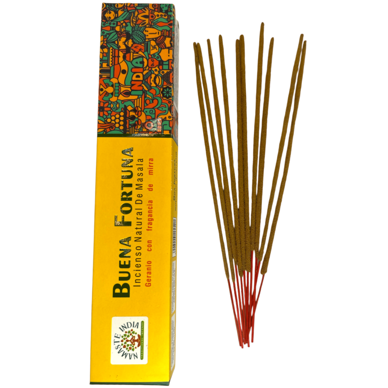 Good Fortune Namaste India Geranium Räucherstäbchen mit Myrrhe - Natürlicher Masala Weihrauch - 1 Packung mit 15gr.-NATÜRLICHER NAMASTE-RÄUCHERSUCH INDIEN-HOSTENATURA