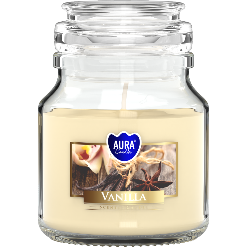 Vanilla Aura Candles Bispol ljus i burk - 120gr. 28h varaktighet-Ljus i glasglas med Bispol-lock-HOSTENATURA