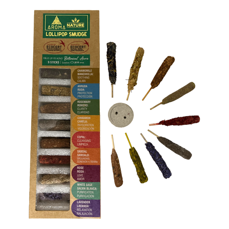 Lollipop Aroma Nature Wierook Kit - 9 natuurlijke wierook lollystokjes van elk 30 minuten - Ecocert Ecoartesanal-AROMA Geuren Wierookset-HOSTENATURA