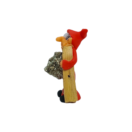 Goblin con Palo Santo e Pirite 5cm Rosso - Doppia protezione, buona fortuna, ricchezza e prosperità