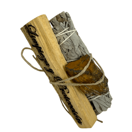 White Sage, Palo Santo en Tiger's Eye Bundel - Gebundeld met Mineralen - Reinigings- en beschermingskit HOSTENATURA