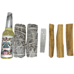 Kit Esencial de Limpieza y Purificación HOSTENATURA - Incluye Agua de Florida, Atados de Salvia Blanca, Palo Santo y Selenita