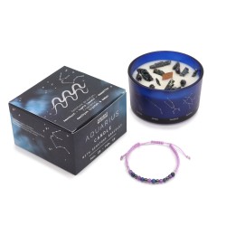 Aquarius Zodiac Candle with Gemstone Bracelet - Soy Candle with Amethyst, Lapis Lazuli and Hematite Bracelet - 22h