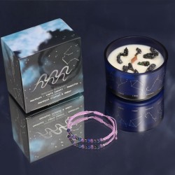 Aquarius Zodiac Candle with Gemstone Bracelet - Soy Candle with Amethyst, Lapis Lazuli and Hematite Bracelet - 22h