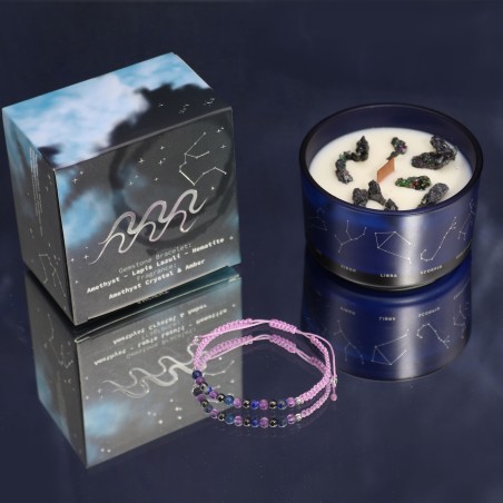 Bougie du zodiaque Verseau avec bracelet de pierres précieuses - Bougie de soja avec bracelet améthyste, lapis-lazuli et hématit