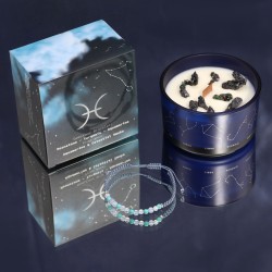 Pisces Zodiac Candle with Gemstone Bracelet - Soy Candle with Moonstone, Turquoise and Aquamarine Bracelet - 22h