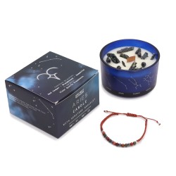 Vela do Zodíaco de Áries com Pulseira de Pedras Preciosas - Vela de Soja com Jaspe Vermelho, Helitrope e Pulseira de Hematita -