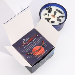 Candela dello Zodiaco dell'Ariete con Bracciale di Pietre Preziose - Candela di Soia con Bracciale Diaspro Rosso, Elitropio ed E