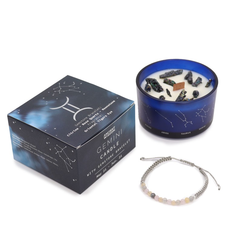 Lumânare Gemeni Zodiac cu Brățară cu pietre prețioase - Lumânare de soia cu Brățară Citrin, Cuarț Roz, Piatră Luna - 22h-Lumânări zodiacale cu brățară cu pietre prețioase-HOSTENATURA