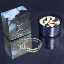 Lumânare Gemeni Zodiac cu Brățară cu pietre prețioase - Lumânare de soia cu Brățară Citrin, Cuarț Roz, Piatră Luna - 22h