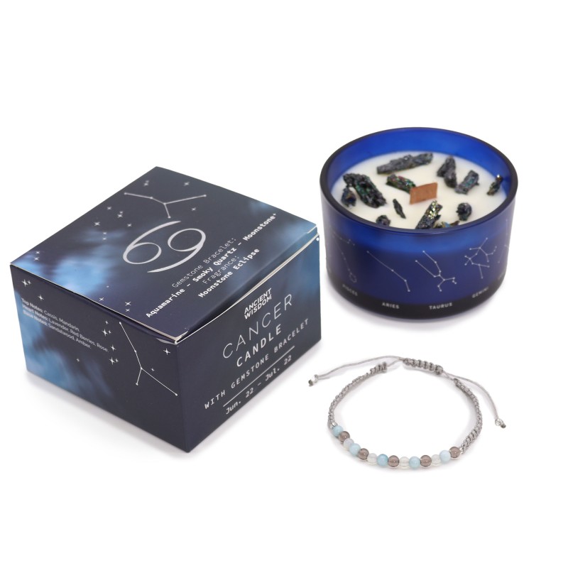 Vela do Zodíaco de Câncer com Pulseira de Pedras Preciosas - Vela de Soja e Água-marinha, Quartzo Fumê, Pulseira de Pedra da Lua-Velas do Zodíaco com Pulseira de Pedras Preciosas-HOSTENATURA